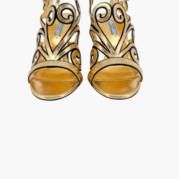Prada Baroque Gold Caged Sandals Size 37.5 US 7.5 Cutout Metallic Leather Heels - Picture 6 of 15